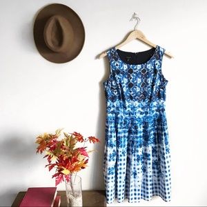 Talbots Floral Gingham Pleated Fit And Flare Dress